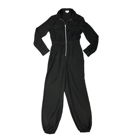 Superdown Jazmin Zip Up Jumpsuit Womens S Small Black Belted Waist Elastic Leg - Picture 1 of 14